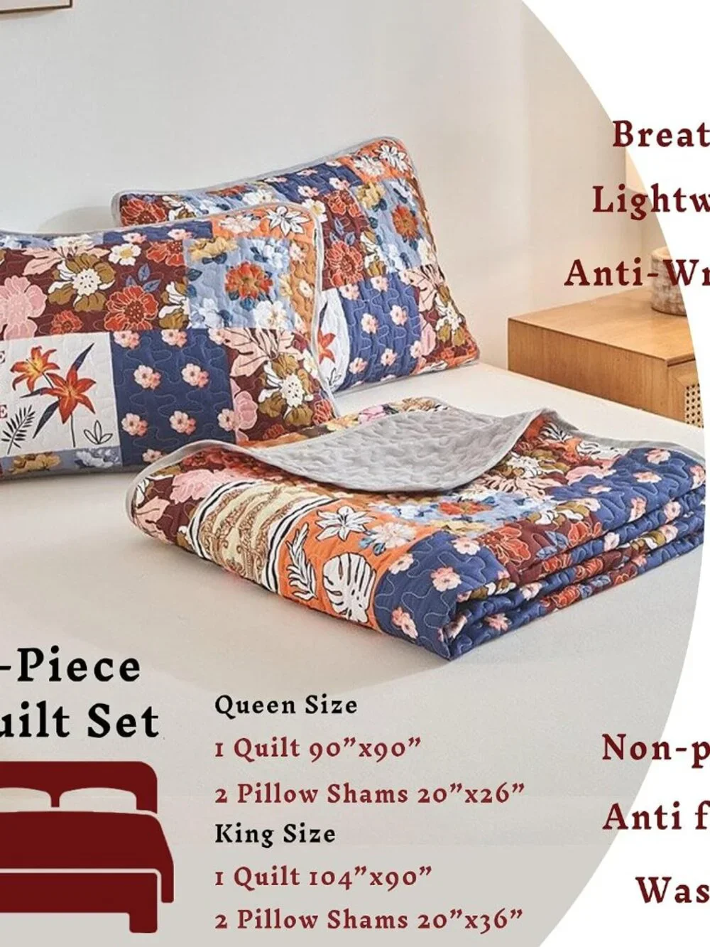 3-Piece Boho Floral Patchwork Quilt Set King Size Flower Daisy Colorful Bedsprea_6